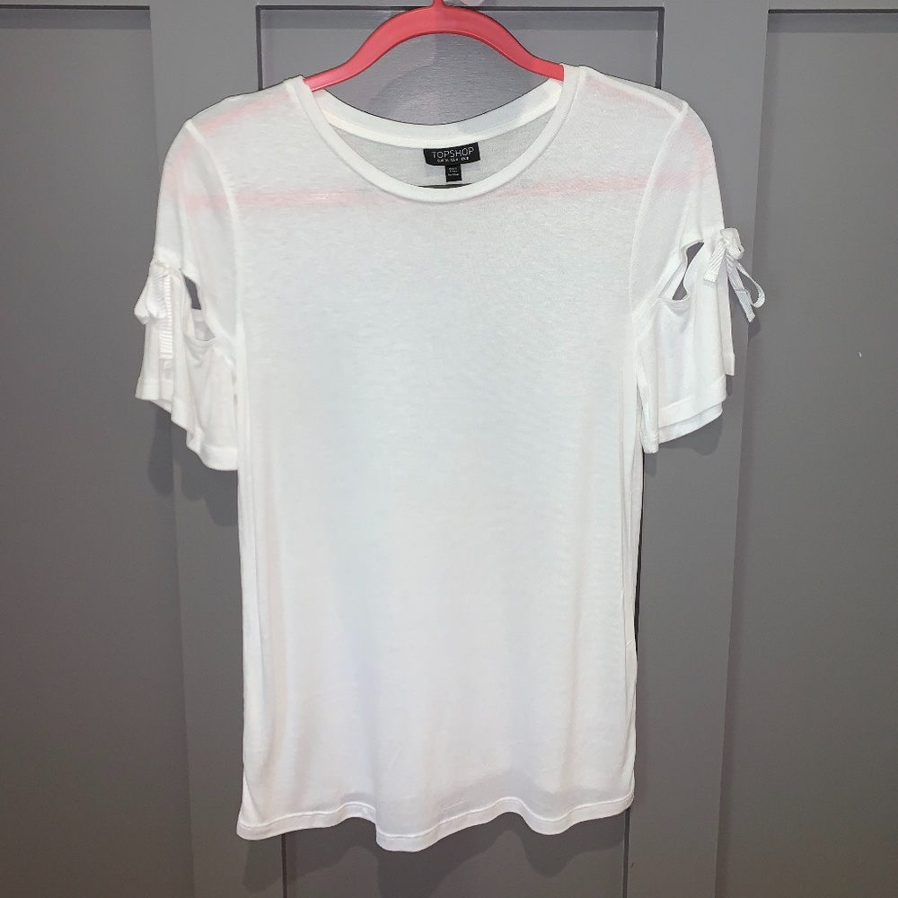 Topshop Ribbon Tie Sleeve Cut Out Crewneck Top